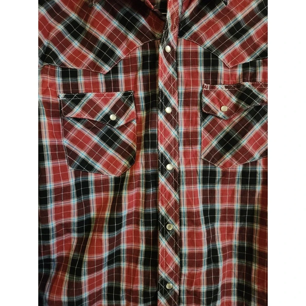 Wrangler Wrancher Shirt Mens M Red Plaid L/S Pearl Snap Flannel Pockets‎ Western